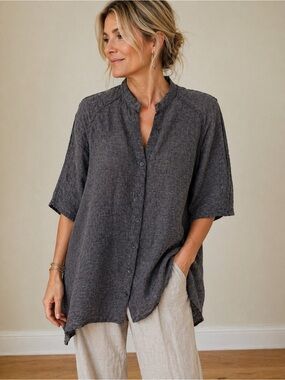 Flax Linen Black Tan Button Front Tunic Top Size Small Oversized Boho Minimalist